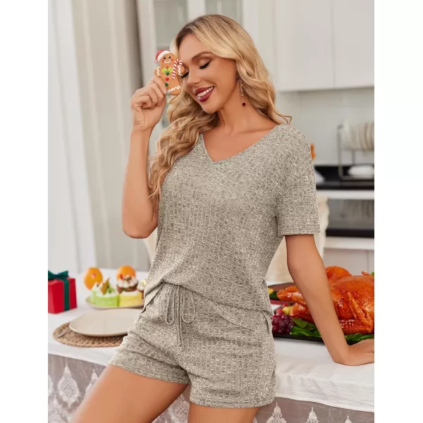 imageEkouaer Womens 2 Piece Lounge Sets Shorts Pajama Sets Short Sleeve Sleepwear Ribbed Knit Outfits PJ SetsKhaki