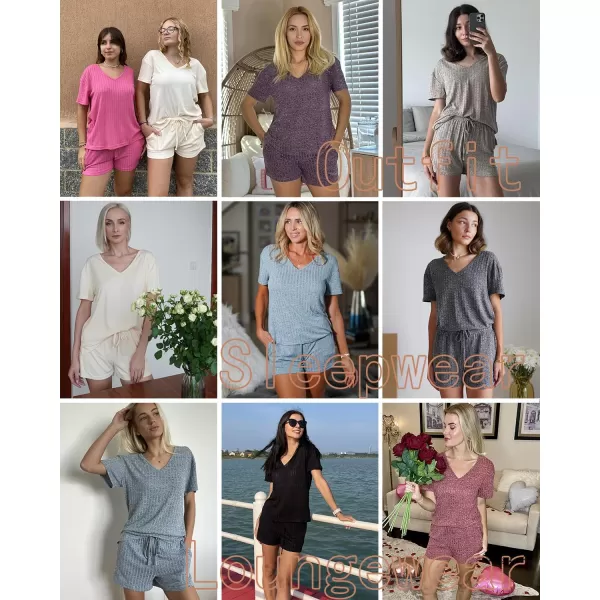 imageEkouaer Womens 2 Piece Lounge Sets Shorts Pajama Sets Short Sleeve Sleepwear Ribbed Knit Outfits PJ SetsKhaki