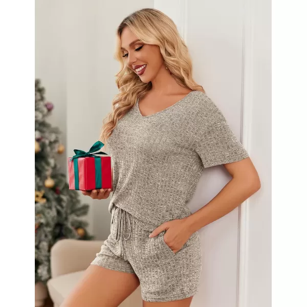 imageEkouaer Womens 2 Piece Lounge Sets Shorts Pajama Sets Short Sleeve Sleepwear Ribbed Knit Outfits PJ SetsKhaki