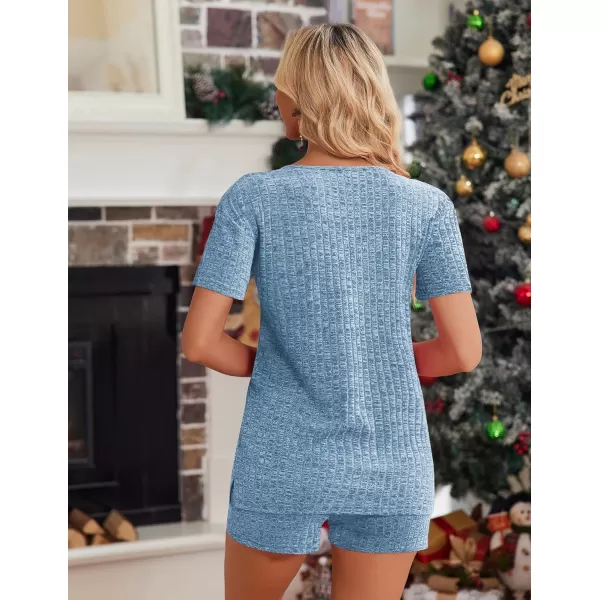 imageEkouaer Womens 2 Piece Lounge Sets Shorts Pajama Sets Short Sleeve Sleepwear Ribbed Knit Outfits PJ SetsLake Blue