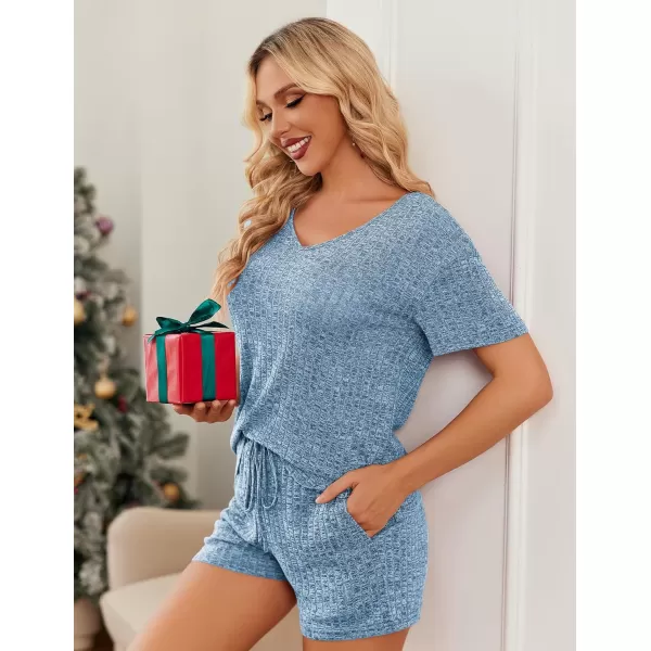 imageEkouaer Womens 2 Piece Lounge Sets Shorts Pajama Sets Short Sleeve Sleepwear Ribbed Knit Outfits PJ SetsLake Blue