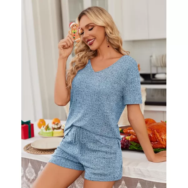 imageEkouaer Womens 2 Piece Lounge Sets Shorts Pajama Sets Short Sleeve Sleepwear Ribbed Knit Outfits PJ SetsLake Blue