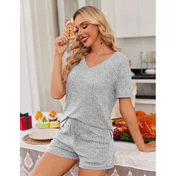 imageEkouaer Womens 2 Piece Lounge Sets Shorts Pajama Sets Short Sleeve Sleepwear Ribbed Knit Outfits PJ SetsLight Gray