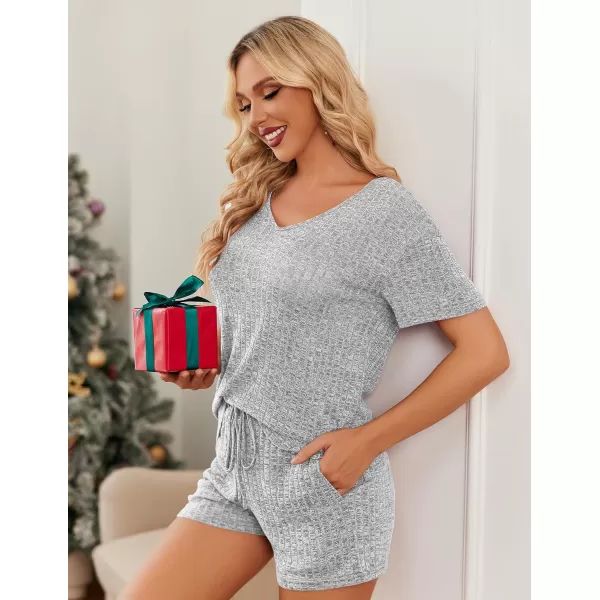 imageEkouaer Womens 2 Piece Lounge Sets Shorts Pajama Sets Short Sleeve Sleepwear Ribbed Knit Outfits PJ SetsLight Gray