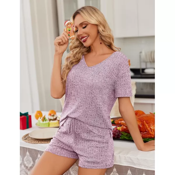 imageEkouaer Womens 2 Piece Lounge Sets Shorts Pajama Sets Short Sleeve Sleepwear Ribbed Knit Outfits PJ SetsLilac
