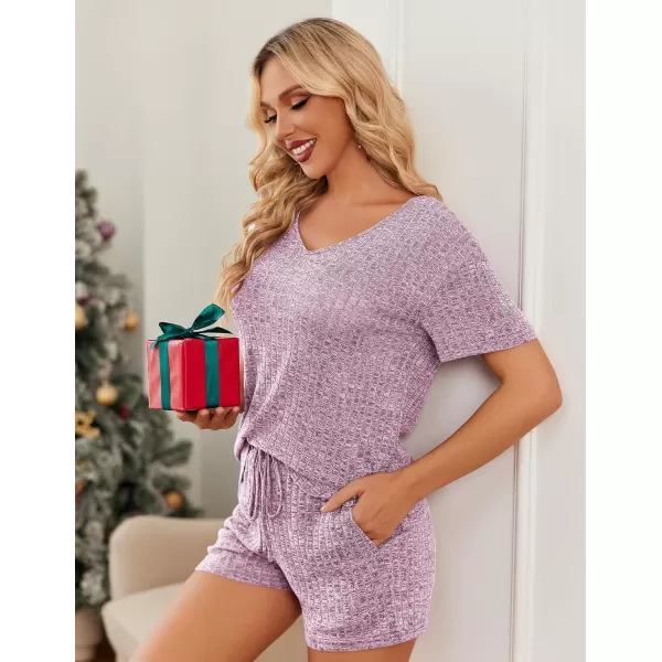 imageEkouaer Womens 2 Piece Lounge Sets Shorts Pajama Sets Short Sleeve Sleepwear Ribbed Knit Outfits PJ SetsLilac