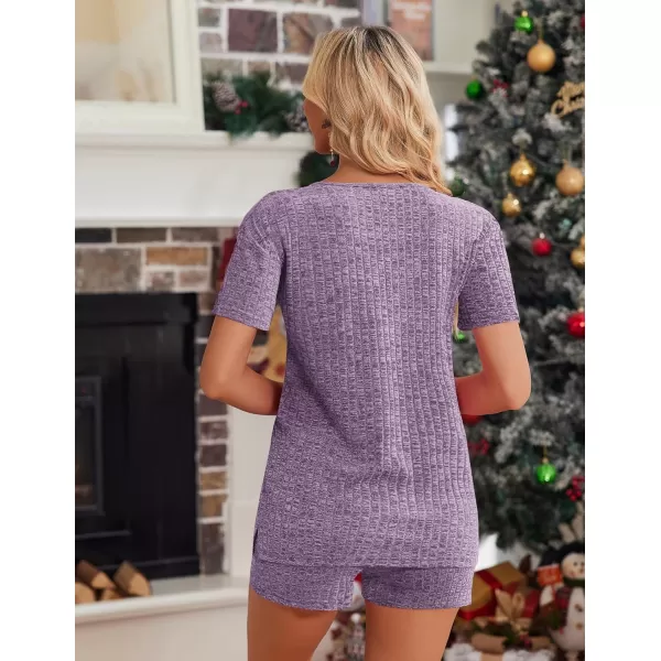 imageEkouaer Womens 2 Piece Lounge Sets Shorts Pajama Sets Short Sleeve Sleepwear Ribbed Knit Outfits PJ SetsPurple