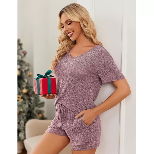 imageEkouaer Womens 2 Piece Lounge Sets Shorts Pajama Sets Short Sleeve Sleepwear Ribbed Knit Outfits PJ SetsWine Red