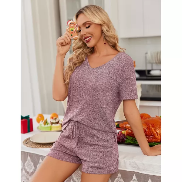 imageEkouaer Womens 2 Piece Lounge Sets Shorts Pajama Sets Short Sleeve Sleepwear Ribbed Knit Outfits PJ SetsWine Red