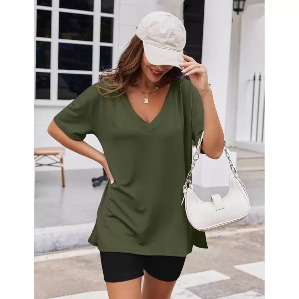 imageEkouaer Womens Pajamas 2 Piece Lounge Sets Oversized V Neck TShirts Tops Biker Shorts Set Workout Reversible Tracksuit SXXLArmy GreenBlack