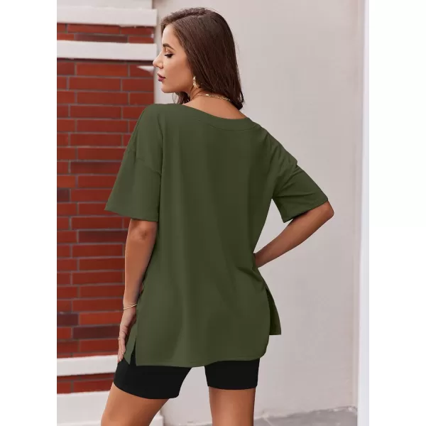 imageEkouaer Womens Pajamas 2 Piece Lounge Sets Oversized V Neck TShirts Tops Biker Shorts Set Workout Reversible Tracksuit SXXLArmy GreenBlack