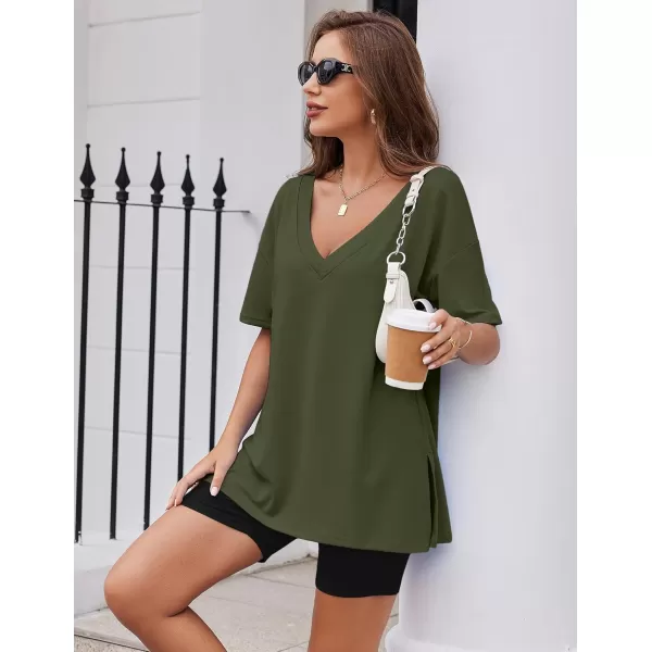 imageEkouaer Womens Pajamas 2 Piece Lounge Sets Oversized V Neck TShirts Tops Biker Shorts Set Workout Reversible Tracksuit SXXLArmy GreenBlack