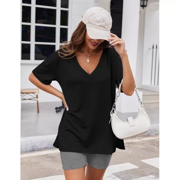 imageEkouaer Womens Pajamas 2 Piece Lounge Sets Oversized V Neck TShirts Tops Biker Shorts Set Workout Reversible Tracksuit SXXLBlackDark Gray