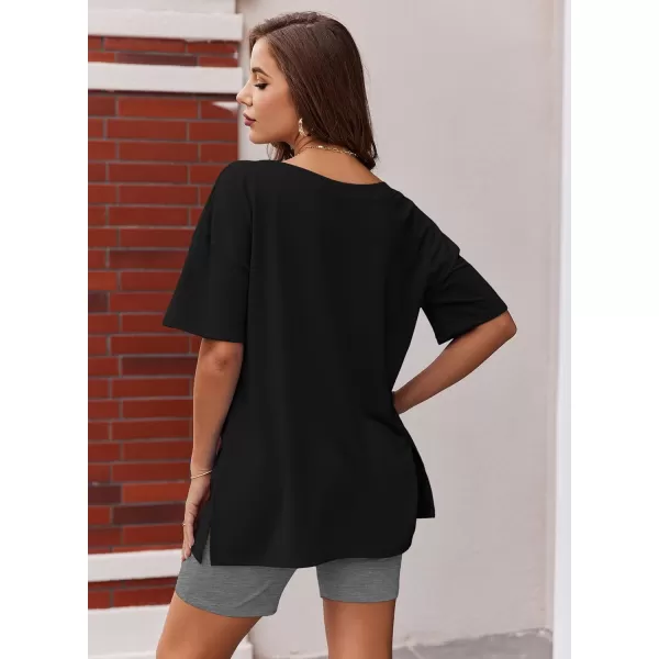 imageEkouaer Womens Pajamas 2 Piece Lounge Sets Oversized V Neck TShirts Tops Biker Shorts Set Workout Reversible Tracksuit SXXLBlackDark Gray