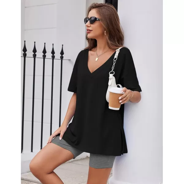 imageEkouaer Womens Pajamas 2 Piece Lounge Sets Oversized V Neck TShirts Tops Biker Shorts Set Workout Reversible Tracksuit SXXLBlackDark Gray
