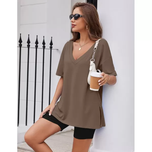 imageEkouaer Womens Pajamas 2 Piece Lounge Sets Oversized V Neck TShirts Tops Biker Shorts Set Workout Reversible Tracksuit SXXLBrownBlack