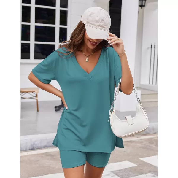 imageEkouaer Womens Pajamas 2 Piece Lounge Sets Oversized V Neck TShirts Tops Biker Shorts Set Workout Reversible Tracksuit SXXLDark Blue