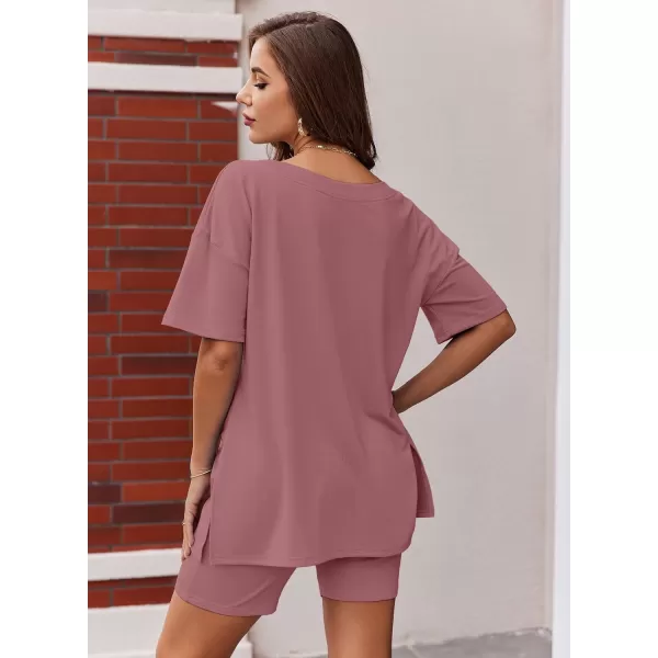 imageEkouaer Womens Pajamas 2 Piece Lounge Sets Oversized V Neck TShirts Tops Biker Shorts Set Workout Reversible Tracksuit SXXLGray Purple