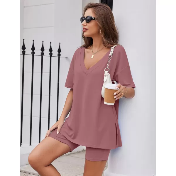 imageEkouaer Womens Pajamas 2 Piece Lounge Sets Oversized V Neck TShirts Tops Biker Shorts Set Workout Reversible Tracksuit SXXLGray Purple