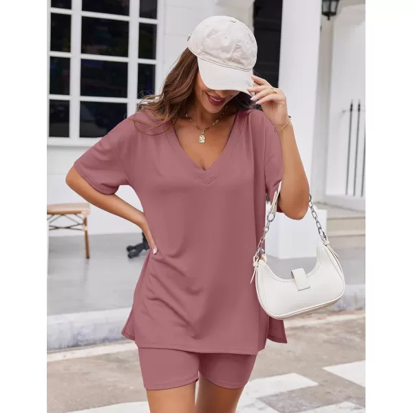 imageEkouaer Womens Pajamas 2 Piece Lounge Sets Oversized V Neck TShirts Tops Biker Shorts Set Workout Reversible Tracksuit SXXLGray Purple