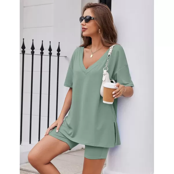 imageEkouaer Womens Pajamas 2 Piece Lounge Sets Oversized V Neck TShirts Tops Biker Shorts Set Workout Reversible Tracksuit SXXLIce Green