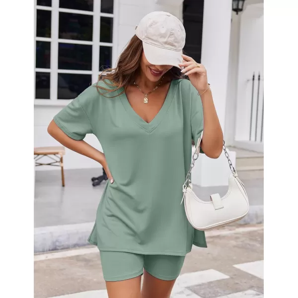 imageEkouaer Womens Pajamas 2 Piece Lounge Sets Oversized V Neck TShirts Tops Biker Shorts Set Workout Reversible Tracksuit SXXLIce Green