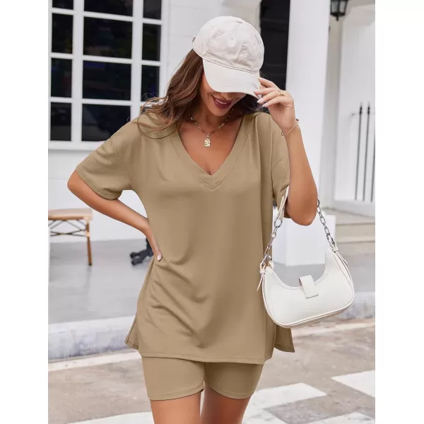 imageEkouaer Womens Pajamas 2 Piece Lounge Sets Oversized V Neck TShirts Tops Biker Shorts Set Workout Reversible Tracksuit SXXLKhaki