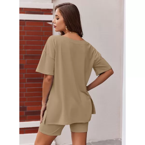 imageEkouaer Womens Pajamas 2 Piece Lounge Sets Oversized V Neck TShirts Tops Biker Shorts Set Workout Reversible Tracksuit SXXLKhaki