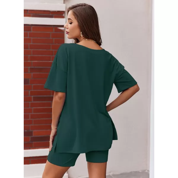 imageEkouaer Womens Pajamas 2 Piece Lounge Sets Oversized V Neck TShirts Tops Biker Shorts Set Workout Reversible Tracksuit SXXLLake Green