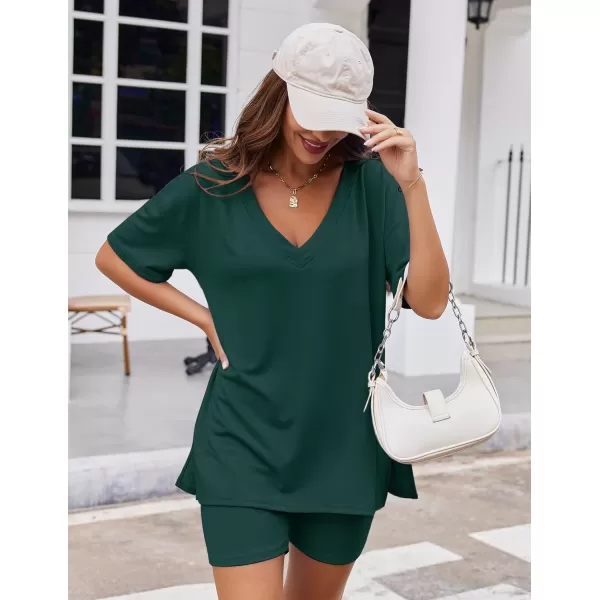 imageEkouaer Womens Pajamas 2 Piece Lounge Sets Oversized V Neck TShirts Tops Biker Shorts Set Workout Reversible Tracksuit SXXLLake Green