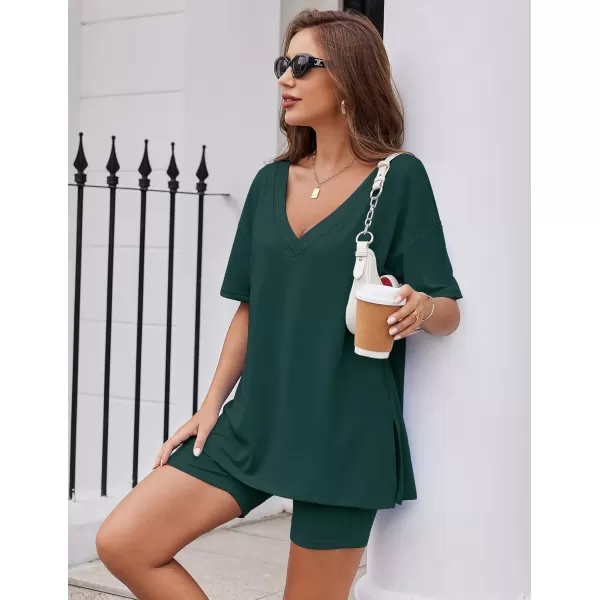 imageEkouaer Womens Pajamas 2 Piece Lounge Sets Oversized V Neck TShirts Tops Biker Shorts Set Workout Reversible Tracksuit SXXLLake Green