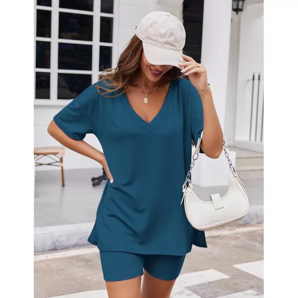 imageEkouaer Womens Pajamas 2 Piece Lounge Sets Oversized V Neck TShirts Tops Biker Shorts Set Workout Reversible Tracksuit SXXLNavy Blue