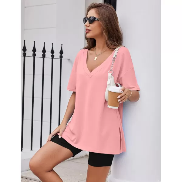 imageEkouaer Womens Pajamas 2 Piece Lounge Sets Oversized V Neck TShirts Tops Biker Shorts Set Workout Reversible Tracksuit SXXLOrange PinkBlack