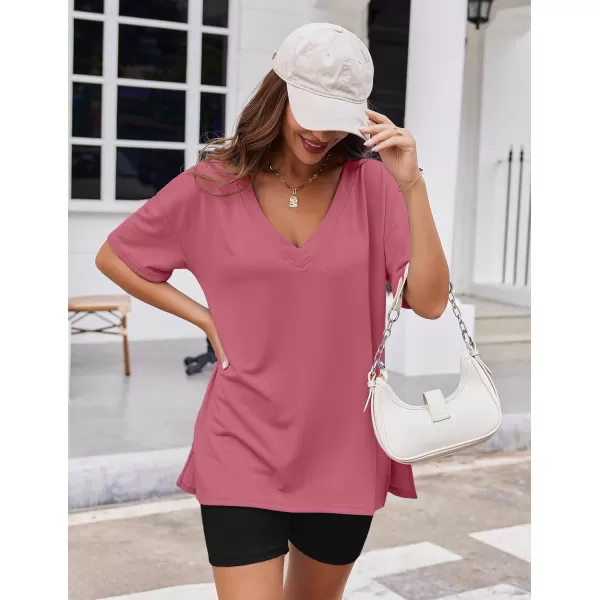 imageEkouaer Womens Pajamas 2 Piece Lounge Sets Oversized V Neck TShirts Tops Biker Shorts Set Workout Reversible Tracksuit SXXLPeach Pink