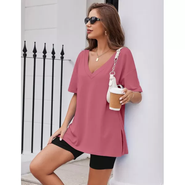 imageEkouaer Womens Pajamas 2 Piece Lounge Sets Oversized V Neck TShirts Tops Biker Shorts Set Workout Reversible Tracksuit SXXLPeach Pink