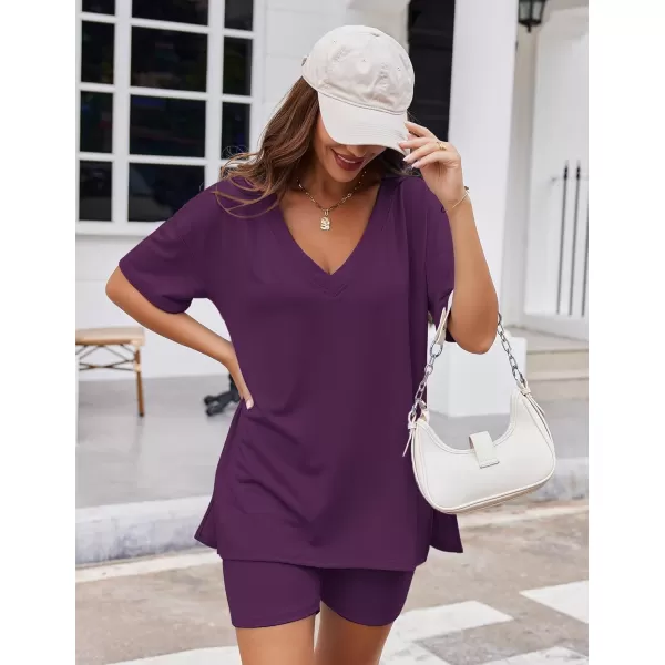 imageEkouaer Womens Pajamas 2 Piece Lounge Sets Oversized V Neck TShirts Tops Biker Shorts Set Workout Reversible Tracksuit SXXLPurple