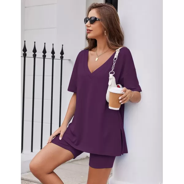 imageEkouaer Womens Pajamas 2 Piece Lounge Sets Oversized V Neck TShirts Tops Biker Shorts Set Workout Reversible Tracksuit SXXLPurple