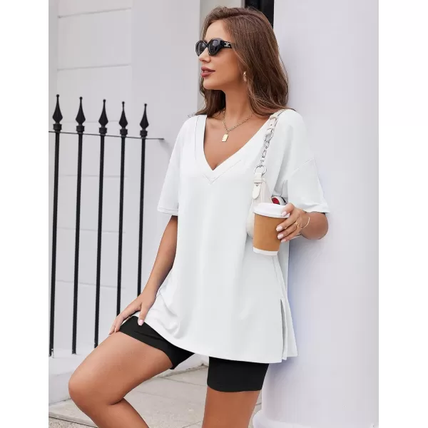 imageEkouaer Womens Pajamas 2 Piece Lounge Sets Oversized V Neck TShirts Tops Biker Shorts Set Workout Reversible Tracksuit SXXLWhite