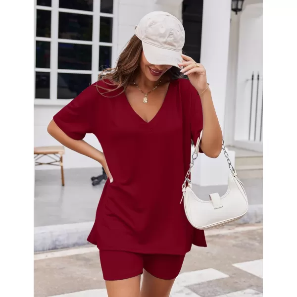 imageEkouaer Womens Pajamas 2 Piece Lounge Sets Oversized V Neck TShirts Tops Biker Shorts Set Workout Reversible Tracksuit SXXLWine Red