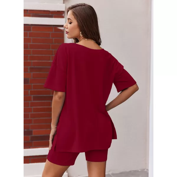imageEkouaer Womens Pajamas 2 Piece Lounge Sets Oversized V Neck TShirts Tops Biker Shorts Set Workout Reversible Tracksuit SXXLWine Red
