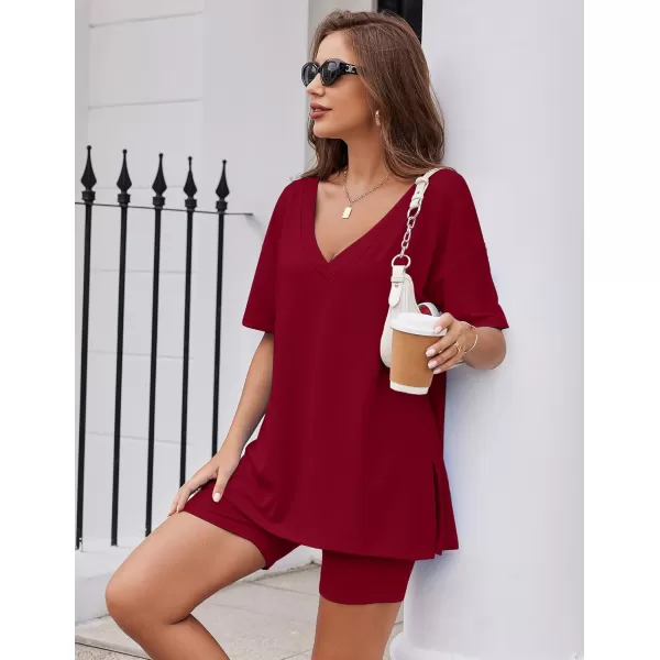 imageEkouaer Womens Pajamas 2 Piece Lounge Sets Oversized V Neck TShirts Tops Biker Shorts Set Workout Reversible Tracksuit SXXLWine Red
