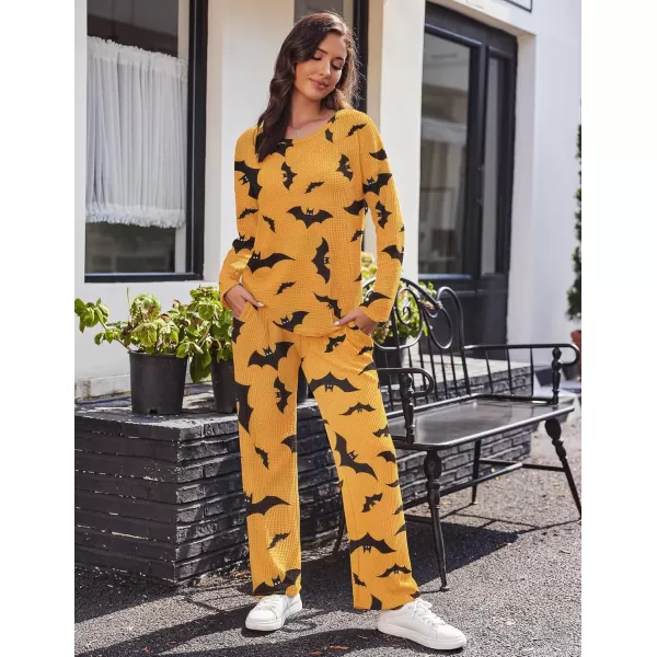 imageEkouaer Womens Waffle Knit Pajama Sets Comfy Long Sleeve Lounge Sets 2 Piece Matching Pj Sets with PocketsBat Print