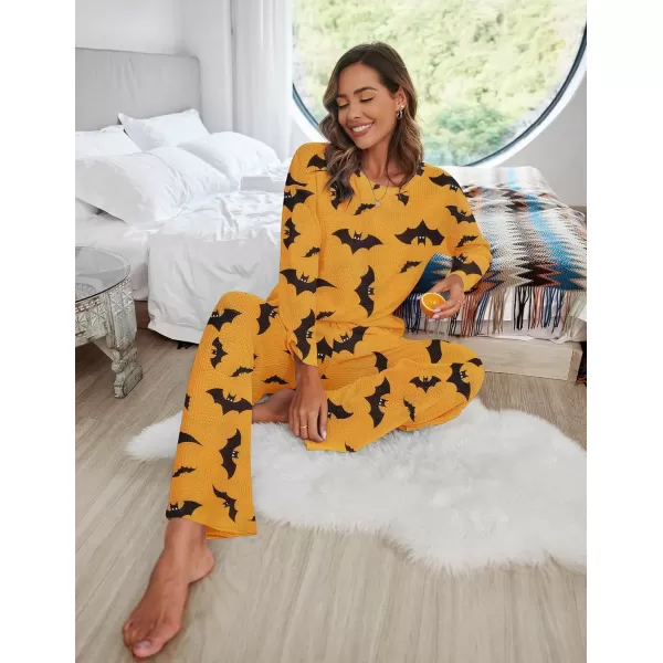 imageEkouaer Womens Waffle Knit Pajama Sets Comfy Long Sleeve Lounge Sets 2 Piece Matching Pj Sets with PocketsBat Print