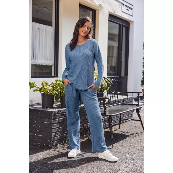 imageEkouaer Womens Waffle Knit Pajama Sets Comfy Long Sleeve Lounge Sets 2 Piece Matching Pj Sets with PocketsBlue