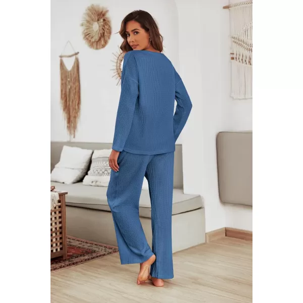 imageEkouaer Womens Waffle Knit Pajama Sets Comfy Long Sleeve Lounge Sets 2 Piece Matching Pj Sets with PocketsBlue