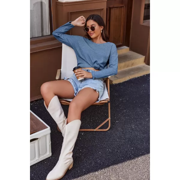 imageEkouaer Womens Waffle Knit Pajama Sets Comfy Long Sleeve Lounge Sets 2 Piece Matching Pj Sets with PocketsBlue