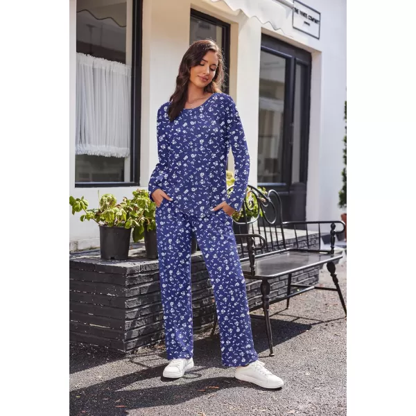 imageEkouaer Womens Waffle Knit Pajama Sets Comfy Long Sleeve Lounge Sets 2 Piece Matching Pj Sets with PocketsBlue Floral Print