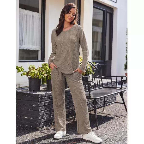 imageEkouaer Womens Waffle Knit Pajama Sets Comfy Long Sleeve Lounge Sets 2 Piece Matching Pj Sets with PocketsBrown