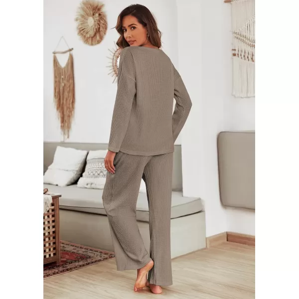 imageEkouaer Womens Waffle Knit Pajama Sets Comfy Long Sleeve Lounge Sets 2 Piece Matching Pj Sets with PocketsBrown