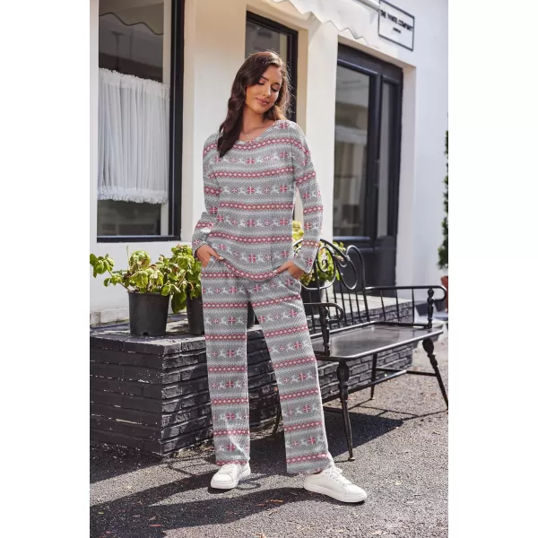 imageEkouaer Womens Waffle Knit Pajama Sets Comfy Long Sleeve Lounge Sets 2 Piece Matching Pj Sets with PocketsChristmas Grey